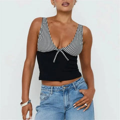 Gingham Patchwork Deep V-Neck Front Tie Sleeveless Crop Top