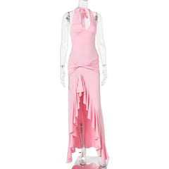 Halter Knot Waist Ruffle Hem Midi Dress