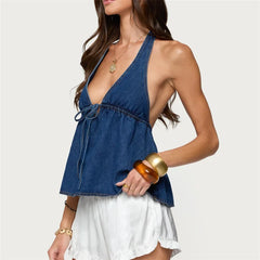 Denim Halter Tie Up Open Back Vest Top