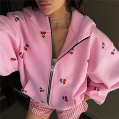Cherry Print Zip Up Hoodie
