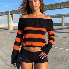 Distressed Striped Off-Shoulder Long Sleeve Knit Top