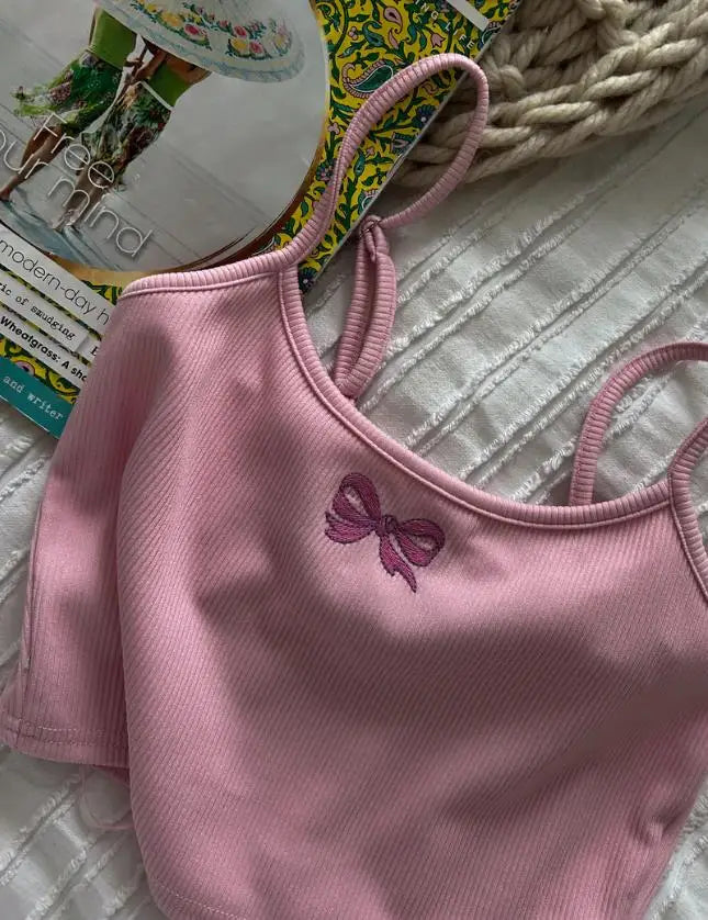 Pink bow embroidery cami crop top for women.