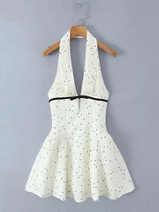 White Polka Dot Halter Bow Accent Waist Pleated Bodice Mini Dress