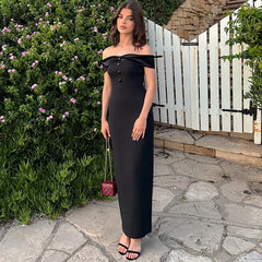 Black Off-shoulder Satin Buttoned Maxi Dress
