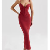 Red Spaghetti Straps Lace Up Bandage Bodycon Midi Dress