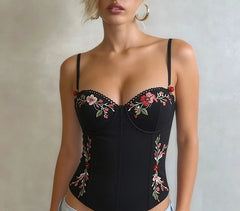 Spaghetti Strap Floral Embroidery Bodycon Top