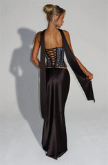 Sequins Scarf Collar Lace Up Corset Top And Satin Maxi Skirt
