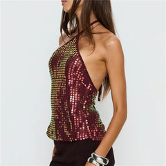 Sequin Tie Up Strap Open Back Top