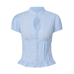 Front Keyhole Cut Out Button Ruffle Hem T-shirt