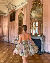 Chiffon Printed Strapless Ruffles Mini Dress