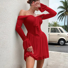 Bow Tie Up Off Shoulder Long Sleeve Short Dress