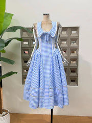 Plaid Collar Back Tie Up Midi Dress