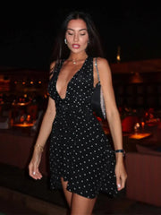 Black Polka Dot V-Neck Sleeveless Mini Dress - Slim Fit