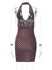 Brown Polka Dot Ruched Neck Mini Dress