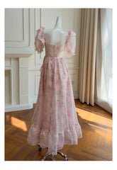 Pink Floral Square Puff Sleeve Flounced Midi Dress