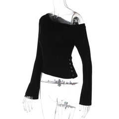 Off-Shoulder Long Sleeve Side Button Top