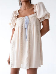 Square Neck Bow  Puff Short Sleeve Babydoll Mini Dress