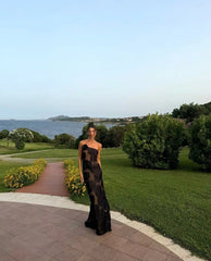 Black One-Shoulder Floral Desgin Long Dress