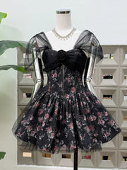 3D Flower Embellished Floral Print Tulle Mini Dress
