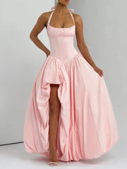 Halter Neck Puff Maxi Dress