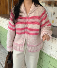 Stripe Knit Zipper Collar Sweater