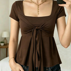 Bandage Square Neck Tie Front Short Sleeve Peplum Blouse