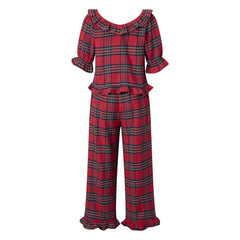 Red Tartan Plaid Ruffle Bow Puff Sleeve Top And Long Pants Pajama Set