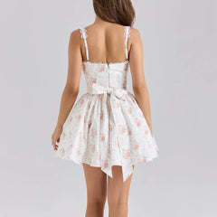 Women's white floral print back tie flare mini dress with turn-down collar and full sleeves.