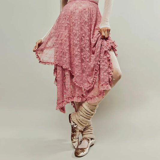 Lace Ruffle Sheer Asymmetrical Hemline Midi Skirt