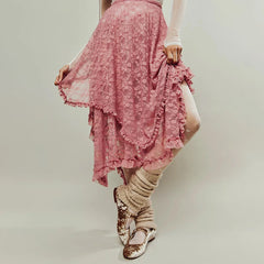 Lace Ruffle Sheer Asymmetrical Hemline Midi Skirt