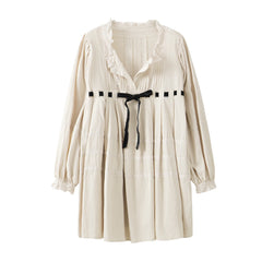 Bow Tie Long Puff Sleeve Embroidered Babydoll Mini Dress