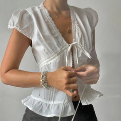 Ruffles Hem Short Sleeve Bow Tie Crop Top