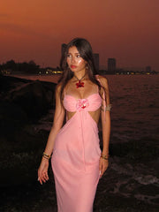 Pink 3d Floral Cut Out Tie Up Maxi Dress