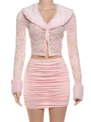 Furry Jacquard Patchwork Hook Buckle Crop Top And Mini Skirt Set