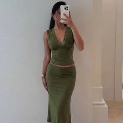 Lace Trim V-neck Tank Top And Midi Skirt Set