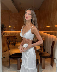 White Satin Lace Trim Bralette And Maxi Skirt Set