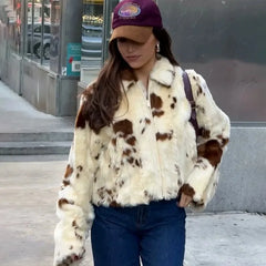 Animal Print Faux Fur Zip Short Coat