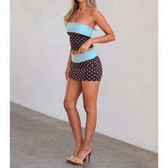 Blue Polka Dot Fold Over Tube Top And Mini Skirt Set