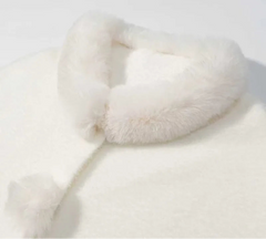 White Faux Fur Pom Pom Button Cape Shawl