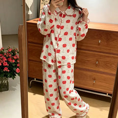 Red Apple Print Collar Long Sleeve Shirt And Pants Pajama Set