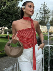 Polka Dot Print Mesh Tube Top with Scarf