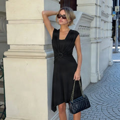 Buckle Wrapped Short Sleeve Midi Dress