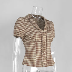 Brown Plaid Puff Sleeve Shirt