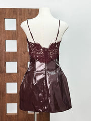 Burgundy Spaghetti Strap Lace Patchwork Pu Faux Leather Mini Dress