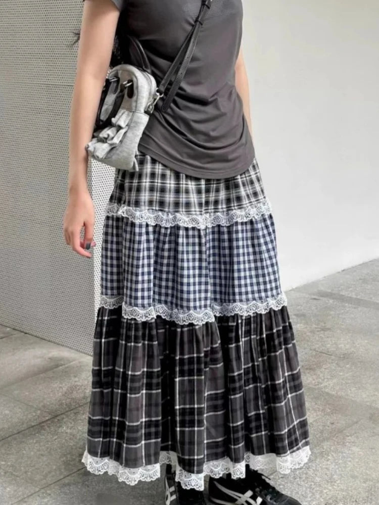 Women's patchwork lace plaid high waist long skirt with A-line silhouette.