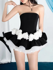 Black Frill 3d Flower Waist Desgin Strapless Blommers Layer Mini Dress