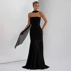 Steapless Mesh Patchwork Maxi Dress With Scarf