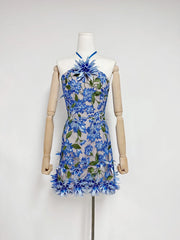 Halter Neck Embroidery Flowers Mini Dress