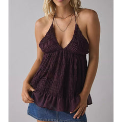 Lace-up Halter Deep V-Neck Smocked Top