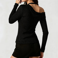 Tie-up Strap Dot Print Off The Shoulder Long Sleeve Top